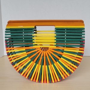One Mango Fashion Colorful Bamboo Handbag Handmade Weave Beach Bag Tote